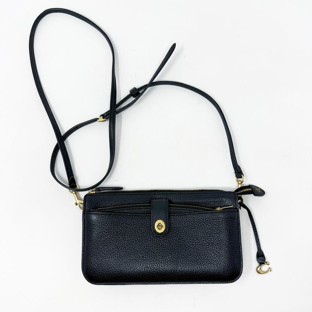 Coach Black Pebbled Leather Crossbody Bag Zip Top Many Card Slots C Logo Charm